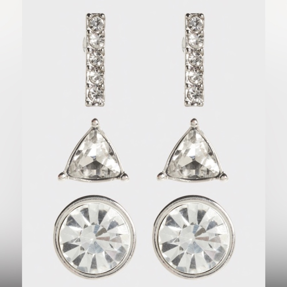 3 pairs silver tone and rhinestone earrings